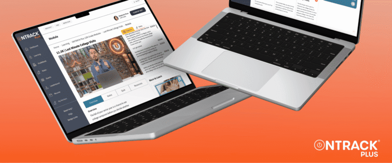 Two silver laptops displayed against an orange background, showing the ONTRACK PLUS online learning platform interface with a video lesson on college visits, student navigation tabs, and course modules.